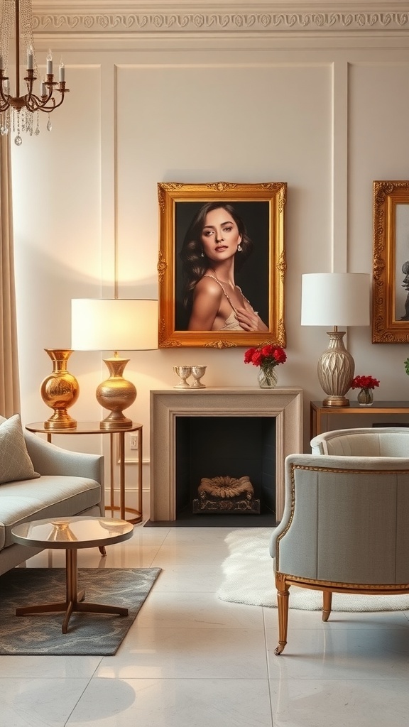 A stylish glam room featuring gilded gold accents, elegant furniture, and framed artwork.