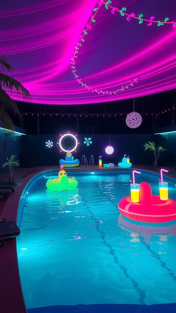A vibrant glow-in-the-dark pool party scene with colorful lights and inflatable floats.