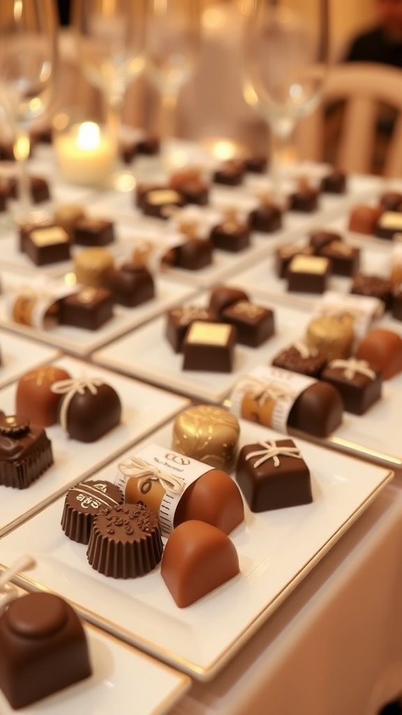 A beautifully arranged display of gourmet chocolates on elegant plates, perfect for a Valentine's Day tablescape.