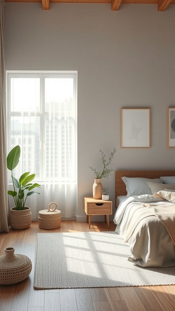 A cozy grey bedroom featuring wooden furniture, plants, and natural light.