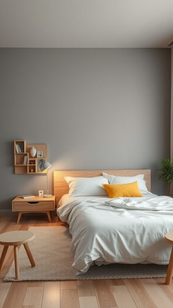A grey bedroom featuring natural wood furniture, a cozy bed with white linens and a yellow pillow, and a warm, inviting atmosphere.
