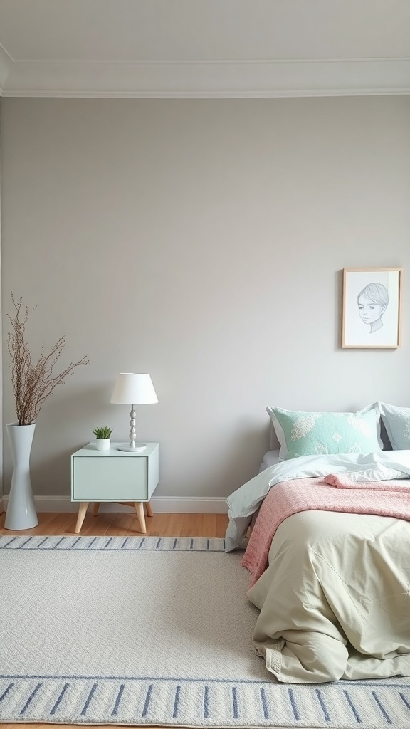 A grey bedroom with pastel decor, featuring a cozy bed, light blue and mint green accents, and a stylish nightstand.