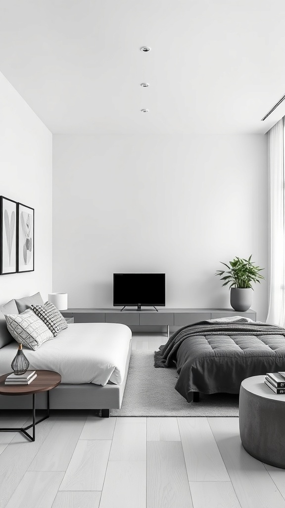 A minimalist grey and white bedroom featuring a bed, side table, TV stand, and a potted plant.