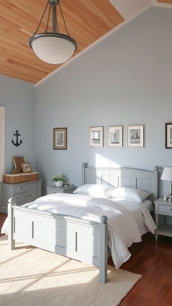 Coastal-themed bedroom with a grey bed frame and nautical decor.
