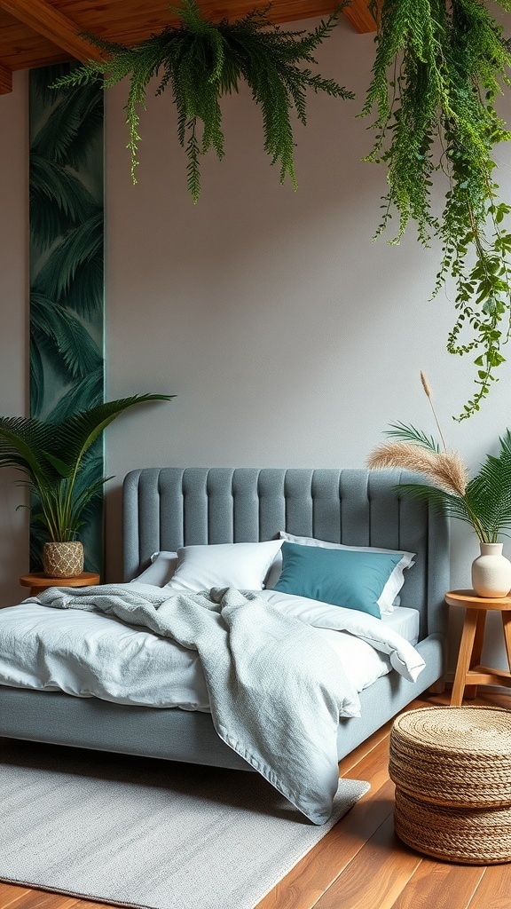 A cozy bedroom featuring a grey bed frame with nature-inspired decor, including plants and earthy textures.