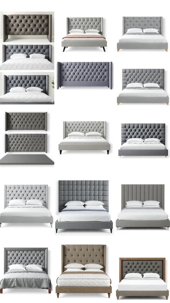 A collage of various grey headboards in different styles, showcasing tufted, modern, and wooden designs.