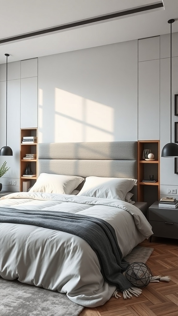 A modern bedroom featuring a grey headboard with built-in storage shelves, light bedding, and a warm wooden floor.