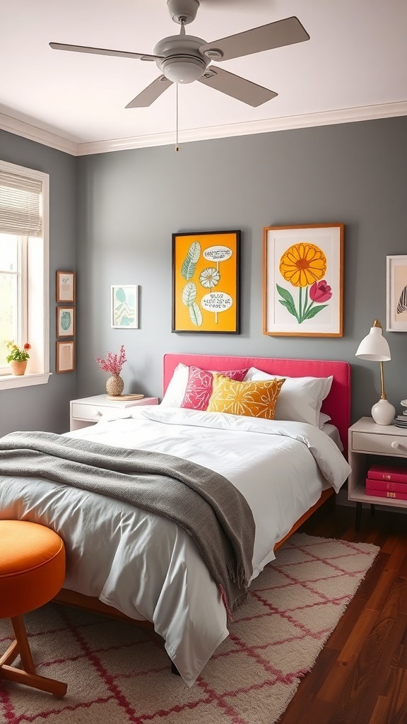 A grey bedroom with colorful accents including bright pillows, a pink headboard, and vibrant artwork.