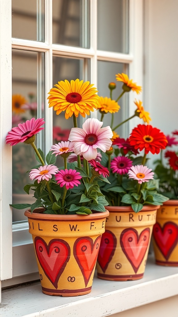 Colorful hand-painted flower pots with flowers, featuring heart designs.