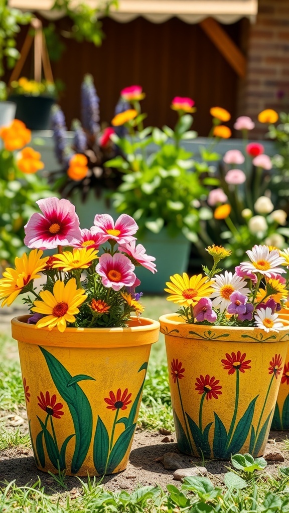 Colorful hand-painted flower pots with blooming flowers