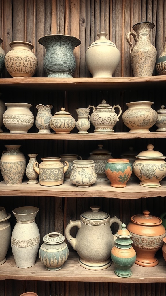A collection of handcrafted pottery and ceramics displayed on wooden shelves.