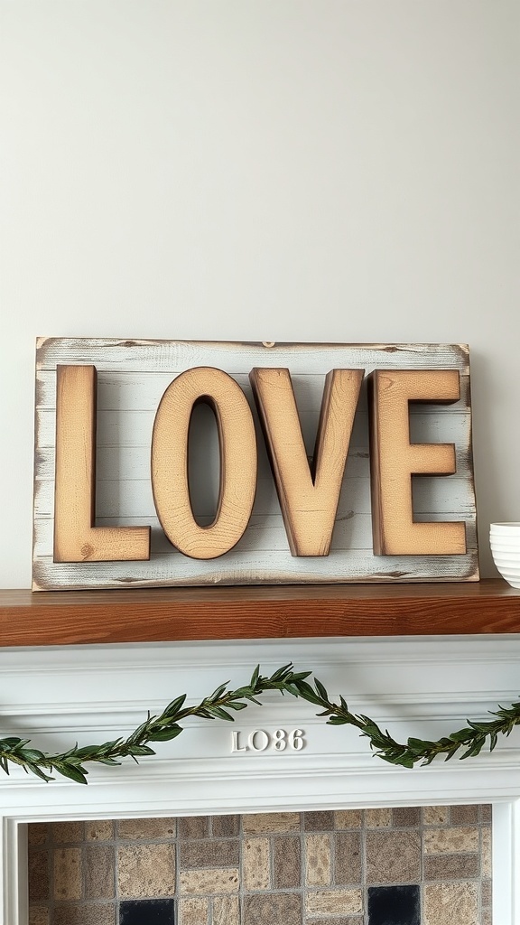 A wooden sign with the word 'LOVE' displayed on a mantel.