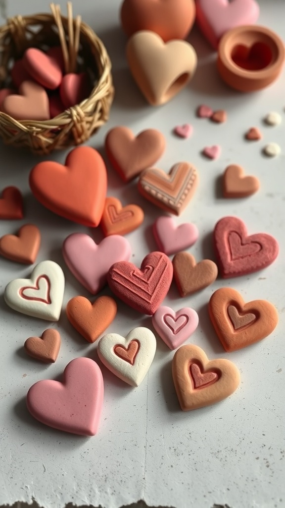 Colorful handmade clay heart tokens in various shapes and sizes, displayed on a light surface.