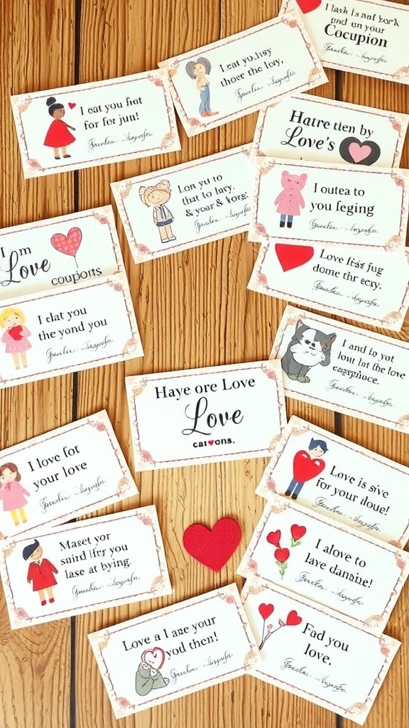 A collection of handmade love coupons with playful illustrations and heartfelt messages on a wooden surface.