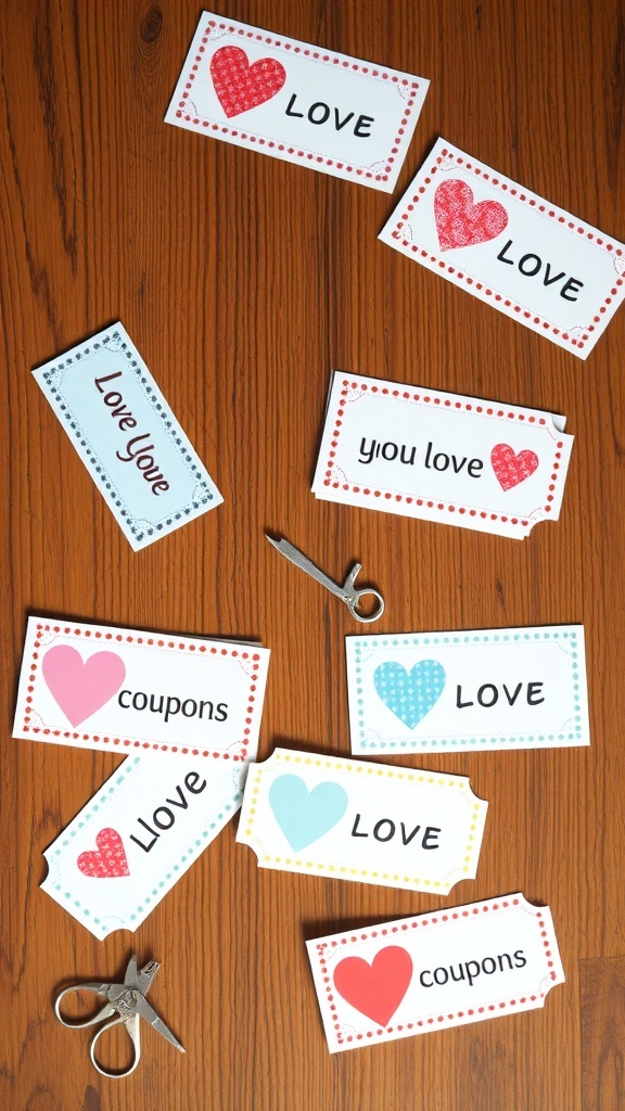 Colorful handmade love coupons with hearts and messages on a wooden table