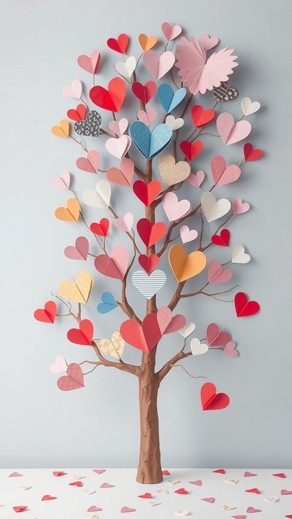 A colorful handmade paper heart tree with various heart shapes in pink, red, and blue.