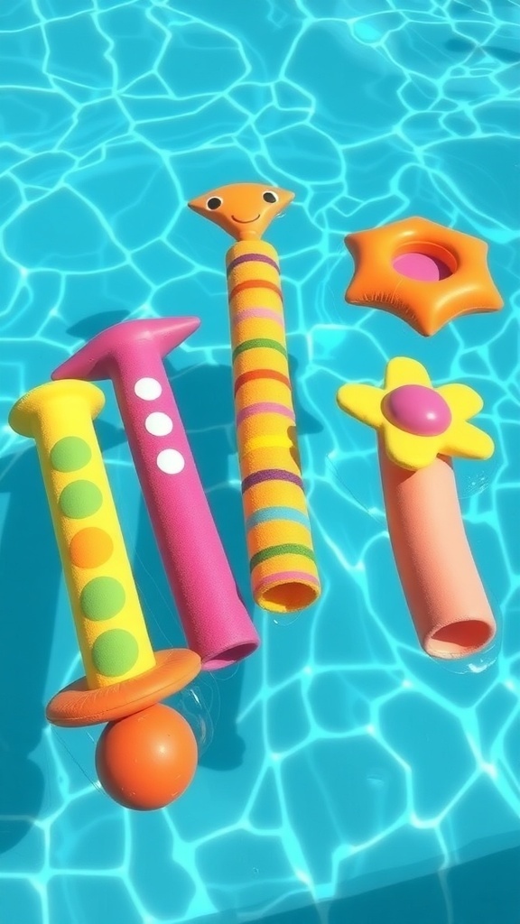 Colorful handmade pool noodle floats in a swimming pool