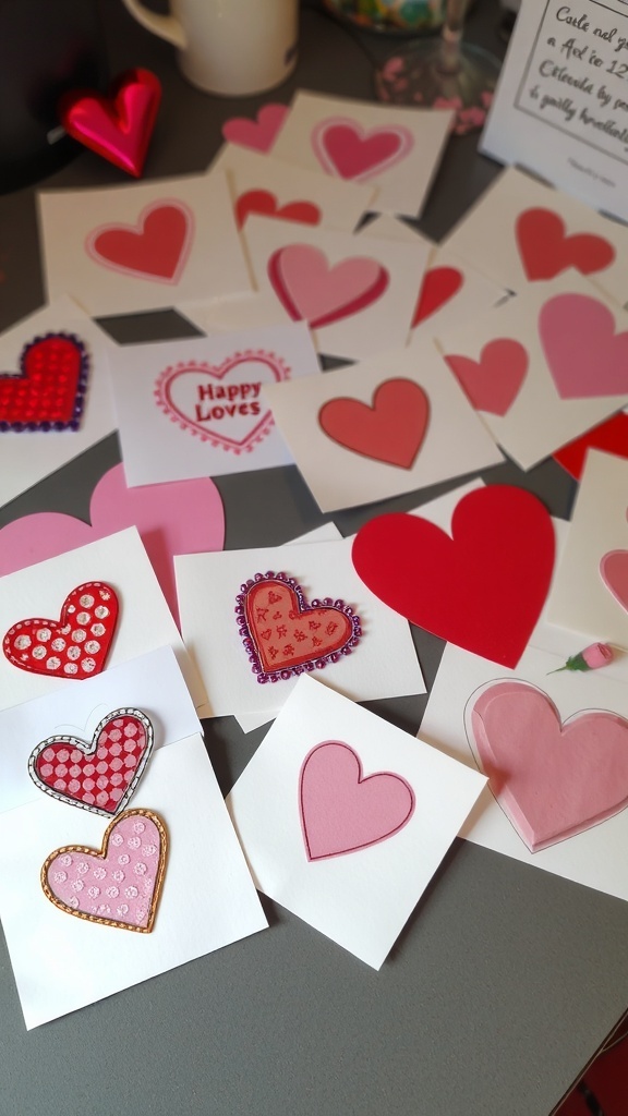 A collection of handmade Valentine's Day cards featuring various heart designs in pink and red.