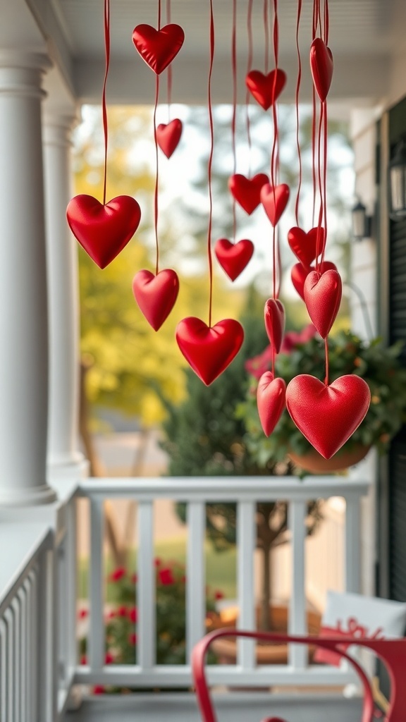 Hanging red heart decorations on a porch