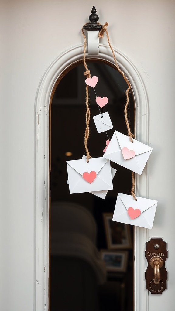 A door hanger with white envelopes and pink hearts, symbolizing love letters.