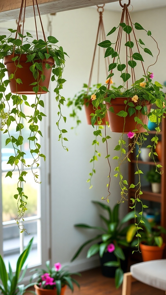 Hanging planters with trailing vines in a bright room