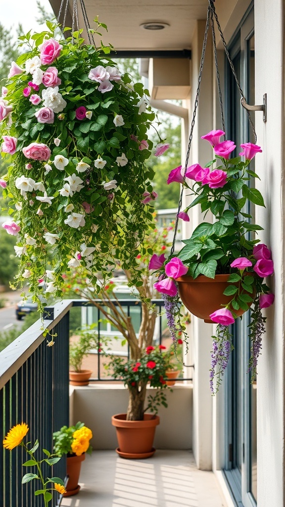 Colorful hanging planters filled with flowers on a small balcony.