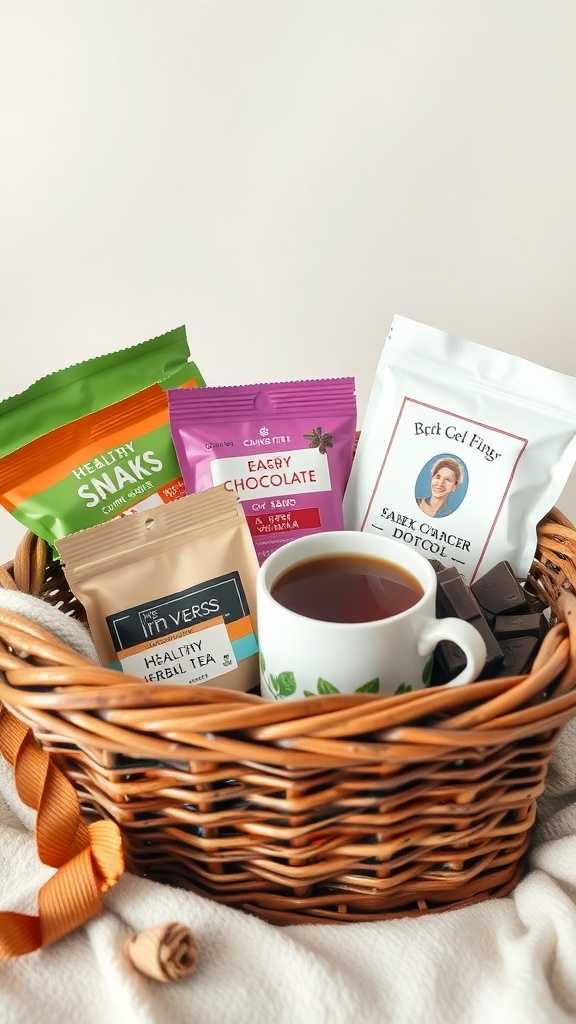 A wicker basket filled with healthy snacks, herbal tea, and chocolate treats.