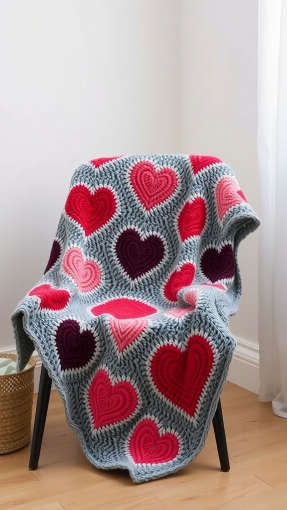 A cozy heart-embellished blanket in red, pink, and purple draped over a chair.