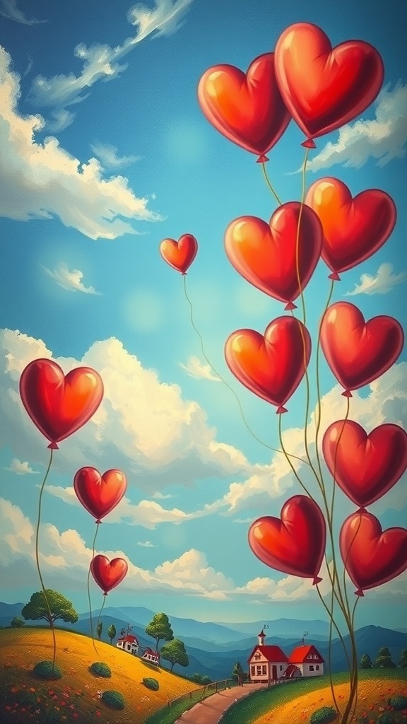 A beautiful landscape featuring heart-shaped balloons floating in a blue sky with fluffy clouds.