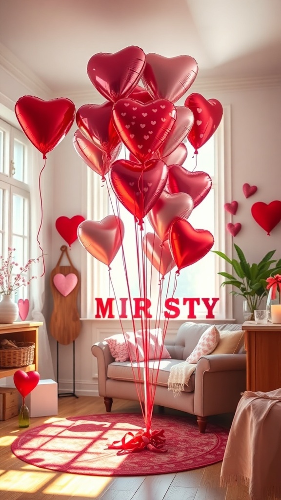 A cozy room decorated with heart-shaped balloons in red and pink, creating a festive Valentine's Day atmosphere.