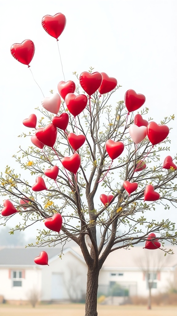 A tree decorated with red and pink heart-shaped balloons