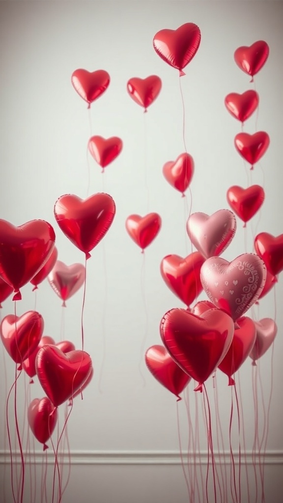 A collection of heart-shaped balloons in red and pink colors, floating against a light background.