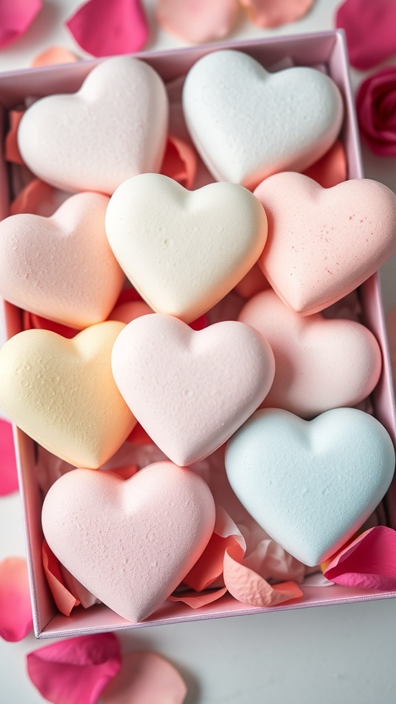 A box of colorful heart-shaped bath bombs surrounded by rose petals.