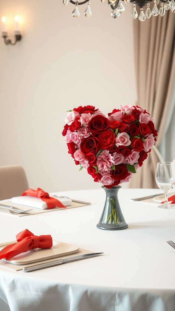 A heart-shaped floral centerpiece made of red and pink roses on a dining table.