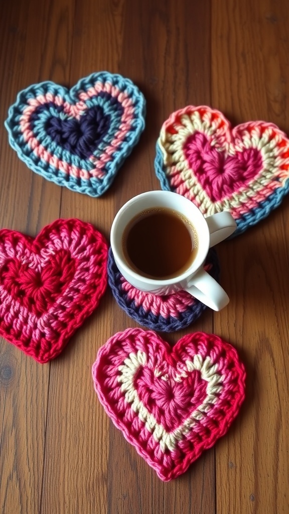 Colorful heart-shaped crochet coasters with a cup of coffee on a wooden table.