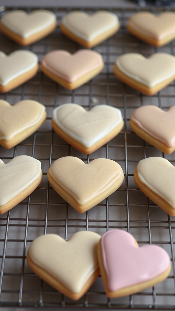 Heart-shaped cookies decorated with pastel icing on a cooling rack.