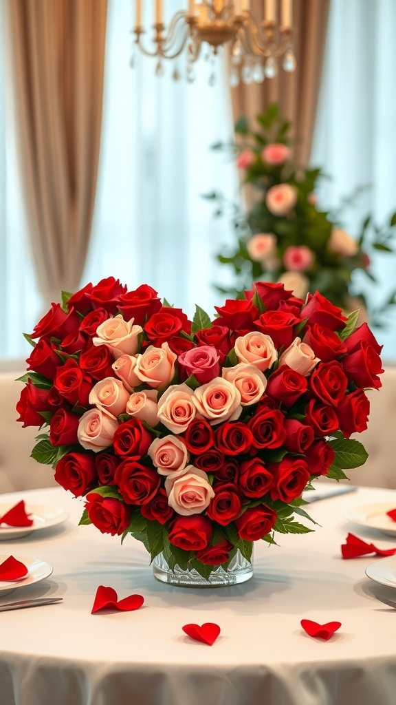 Heart-shaped floral centerpiece made of red and pink roses on a dining table