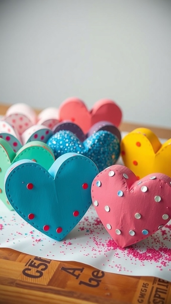 Colorful heart-shaped paper mache boxes in various designs and colors.