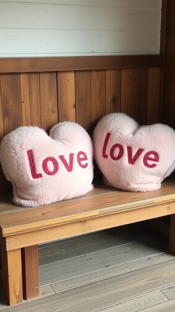 Two heart-shaped pillows with the word 'love' on a wooden bench