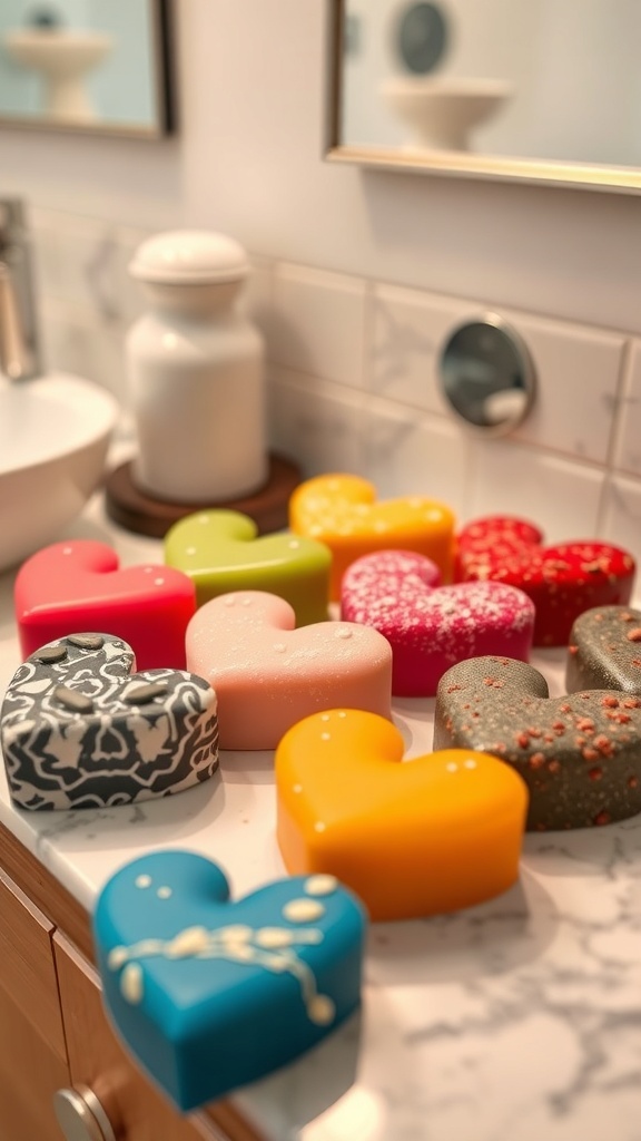 Colorful heart-shaped soaps displayed on a bathroom counter