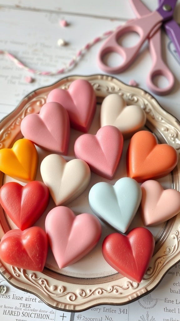 Colorful heart-shaped soaps arranged on a decorative plate with scissors in the background.