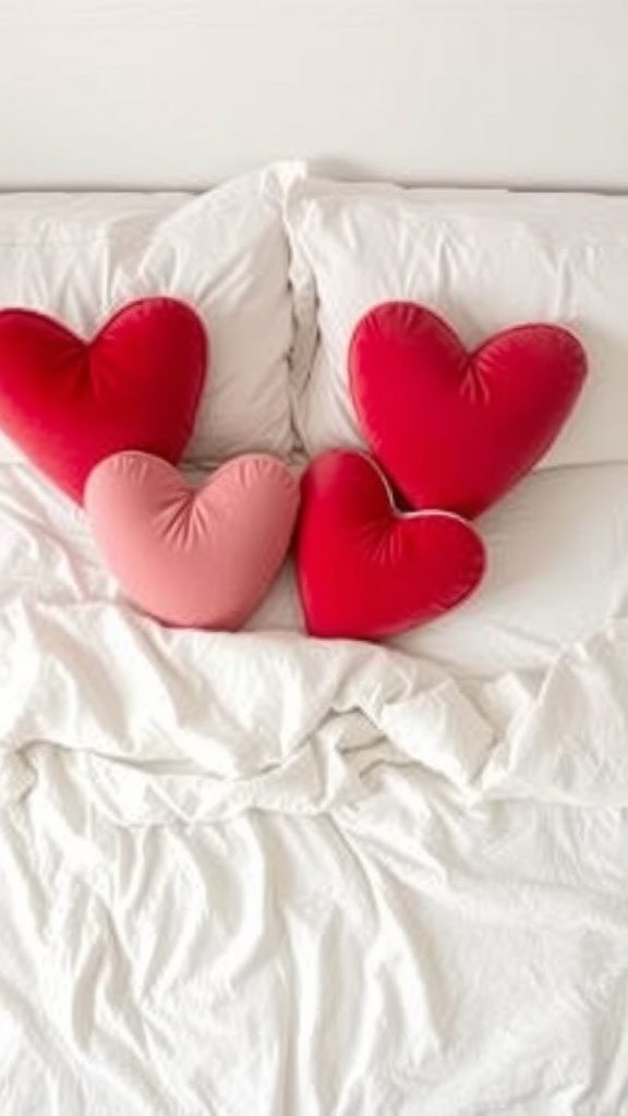 Heart-shaped throw pillows in red and pink on a white bedspread