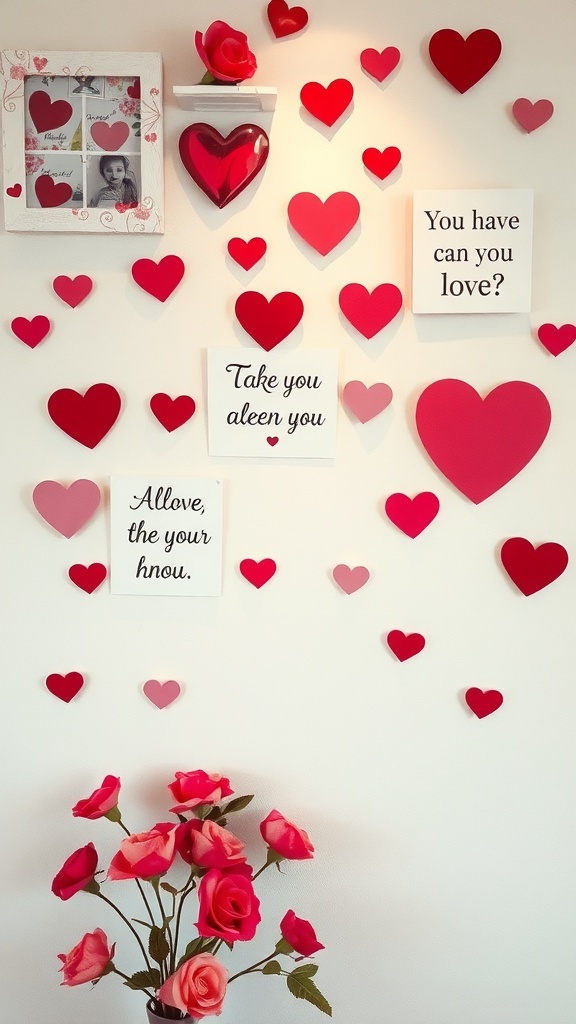 A wall decorated with heart-shaped art and a bouquet of roses.