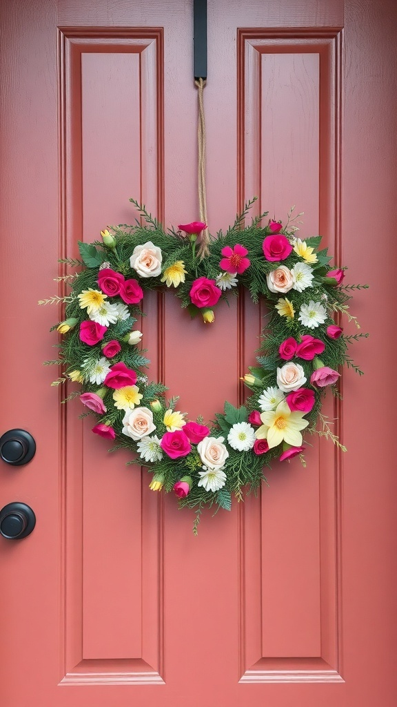 A heart-shaped wreath made of colorful flowers hanging on a door.