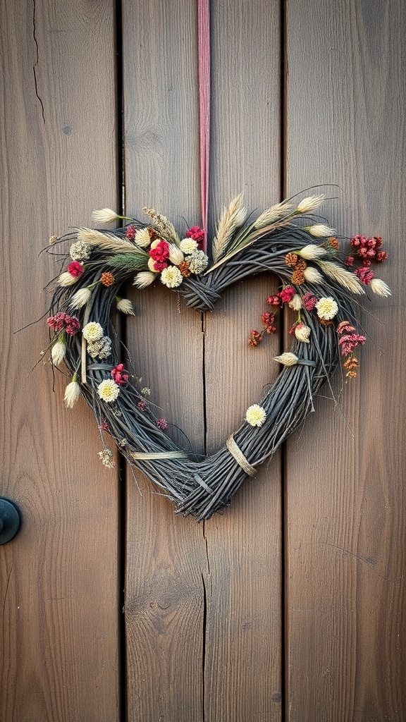 A heart-shaped wreath made of twigs and dried flowers, hanging on a wooden wall.