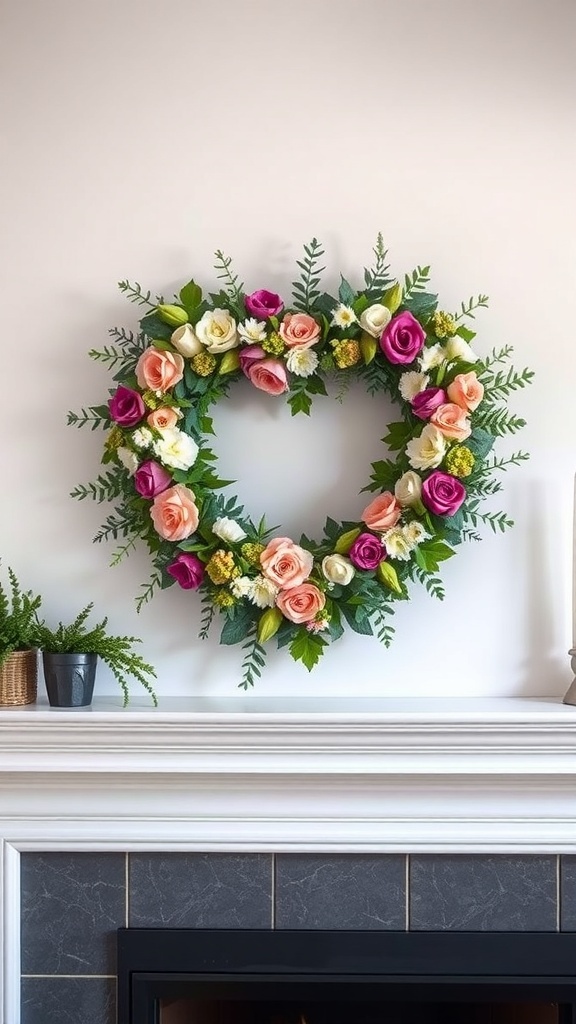 A heart-shaped wreath made of colorful roses and greenery, displayed on a mantle.