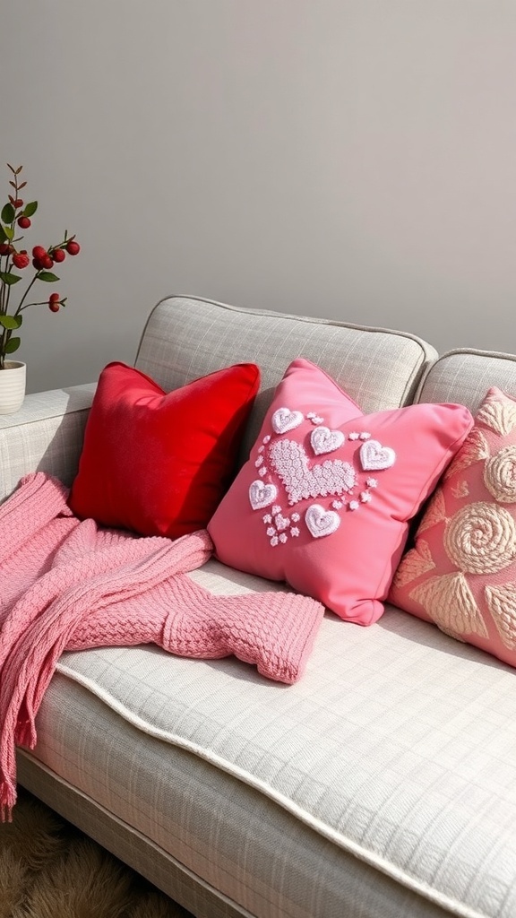 Cozy couch with heart-themed throw pillows and a pink blanket