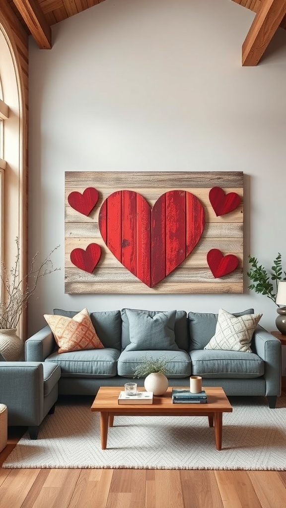 Heart-themed wall art featuring a large red heart and smaller hearts on a wooden backdrop, displayed in a cozy living room.