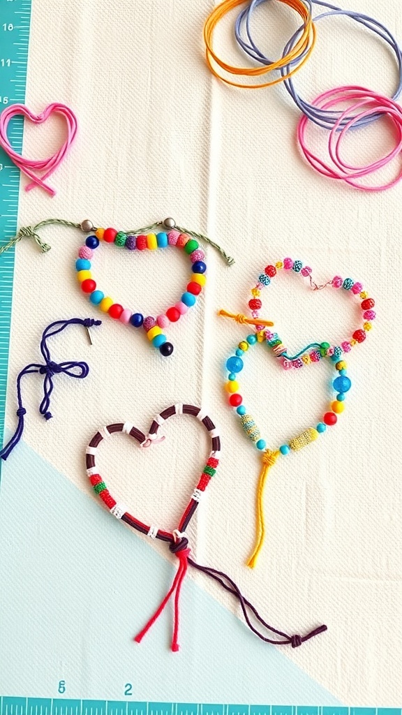 Colorful heart-shaped friendship bracelets made from beads and strings.