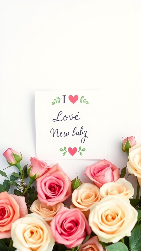 A note saying 'I ❤️ Love New baby' surrounded by roses.